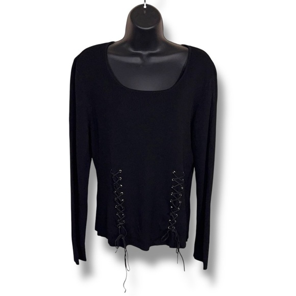 Large Cyrus Black Lace Up Long Sleeve Sweater Top Goth Round Neckline Corset Top - Picture 1 of 15